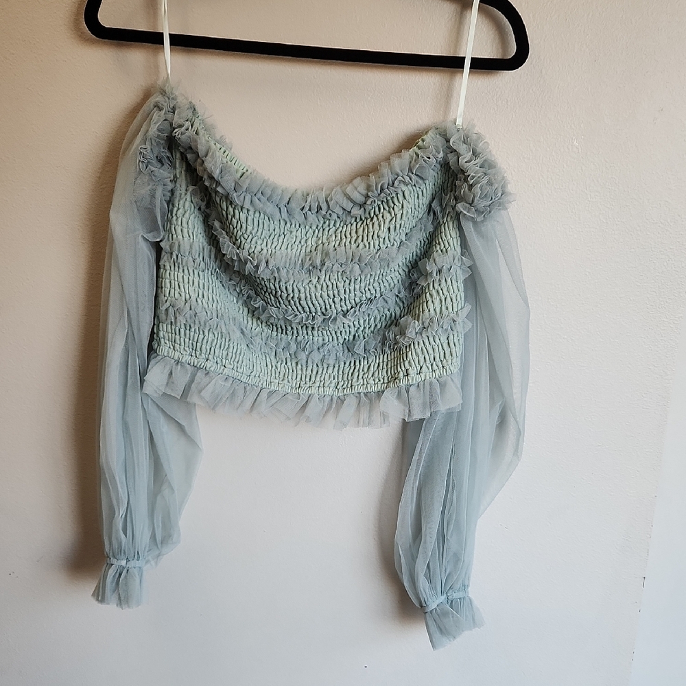 Mable Soft Blue Green Ruffled Whimsical Blouse - Picture 2 of 9